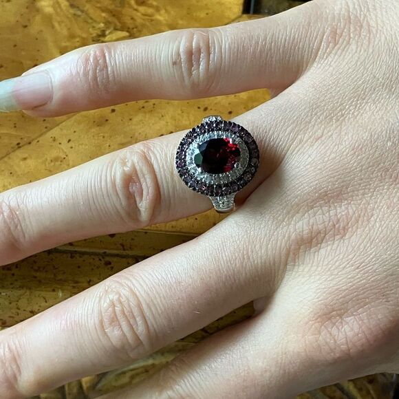 Natural Red Garnet Pink Tourmaline Sterling Silver Double Halo Ring Size 6 - Picture 4 of 9